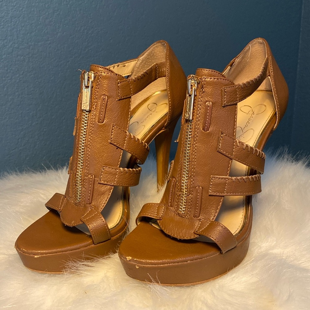 Brown leather Jessica Simpson strappy heels